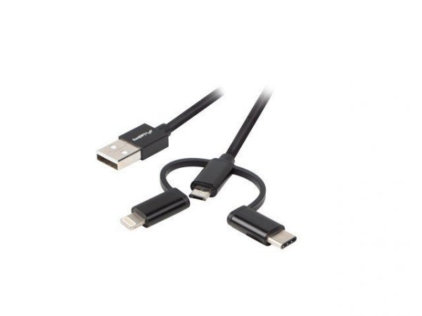 Lanberg Kabel 3in1 USB-A(M)-&gt;USB MICRO(M)+LIGHTNING(M)+USB-C(M) 2.0 1M  czarny premium