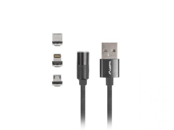 Lanberg Kabel magnetyczny COMBO USB-A(M)-&gt;USB MICRO(M)+LIGHTNING(M)+USB-C(M) 2.0 1m czarny QC 3.0