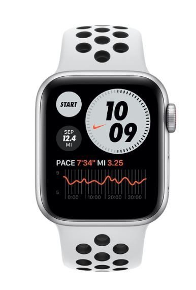 Apple Zegarek Nike SE GPS, 44mm koperta z aluminium w kolorze srebrnym z paskiem sportowym  czysta platyna/czarny Nike - Regular