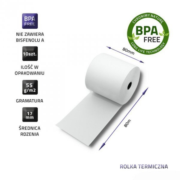 Qoltec Rolka termiczna 80x80 | 55g/m2 | 10szt. | BPA free