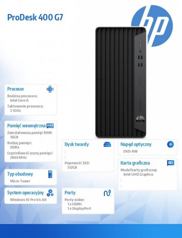 HP Inc. Desktop 400MT G7 i5-10500 512/16/DVD/W10P  293T5EA