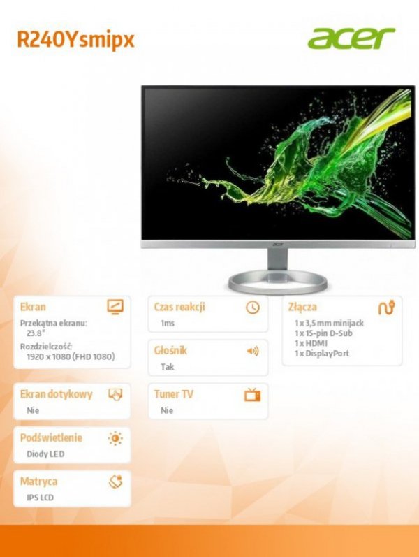 Acer Monitor ACER 24&#039; R240Ysmipx IPS LED 1ms(VRB) 250nits