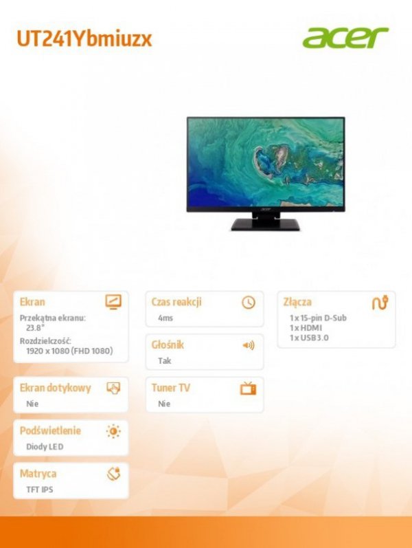Acer Monitor 24 cale UT241Ybmiuzx TOUCH, IPS, 4ms, 250nits