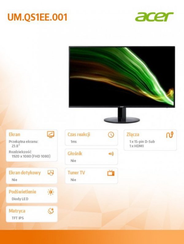 Acer Monitor 24 cali SB241Ybi  IPS 1ms 250nits VGA/HDMI
