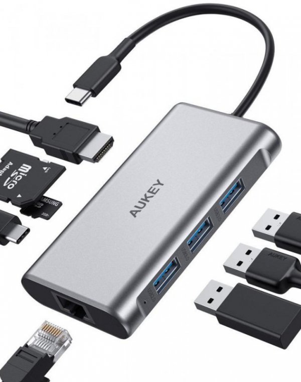 AUKEY CB-C91 aluminiowy HUB USB-C | 8w1 | RJ45 Ethernet 10/100/1000Mbps | 3xUSB 3.1 | HDMI 4k@30Hz | SD i micro SD | USB-C Power
