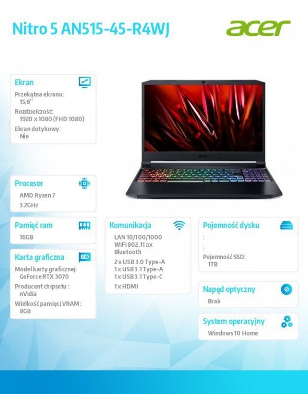 Acer Notebook Nitro 5 AN515-45-R4WJ  WIN10H/R7-5800H/16G/1T/RTX3070/15.6&#039;&#039;