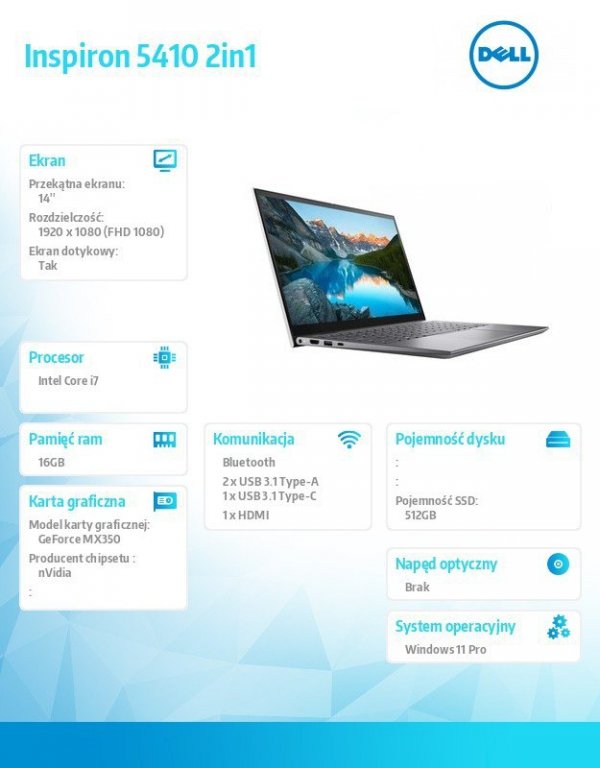 Dell Inspiron 5410 2in1 W11Pro i7-1195G7/512GB/16GB/NVIDIA MX350/14&quot; FHD/KB-Backlit/41WHR/Silver/2Y BWOS