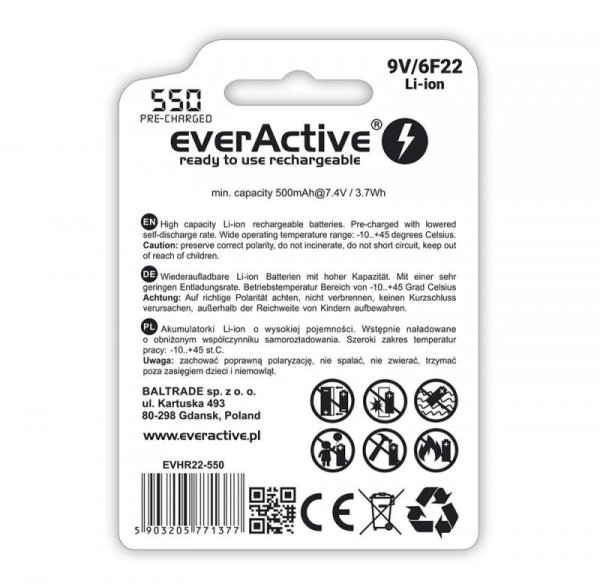 everActive Akumulator 6F22/9V Li-ion 550 mAh 1 szt.