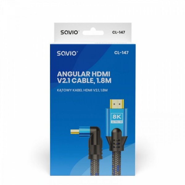 Savio Kabel HDMI (M) v2.1, 1,8m, kątowy, 8K, miedź, niebiesko-czarny, złote końcówki, ethernet/3D, CL-147