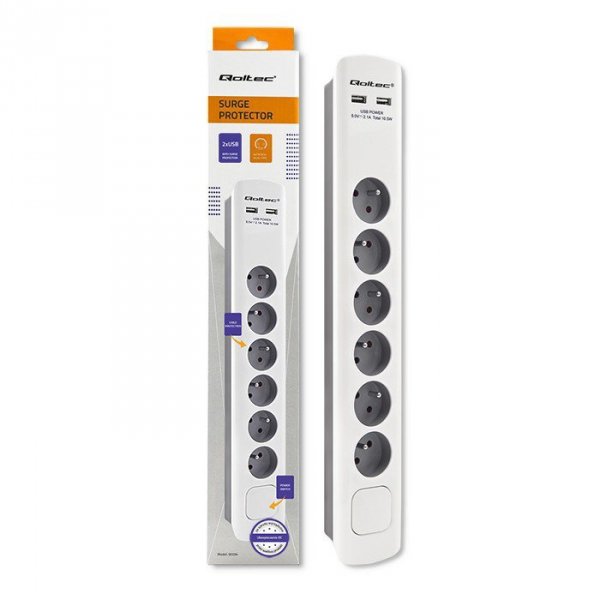 Qoltec Listwa antyprzepięciowa | 6 gniazd | 2 x USB | 1.8 m | Biało -   szara