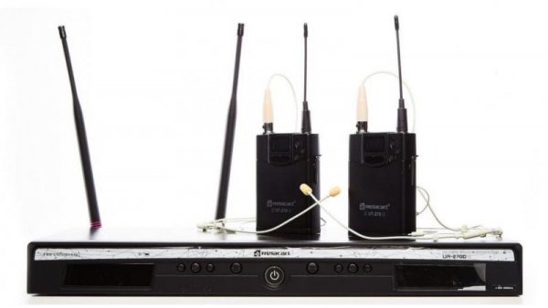 Relacart Bezprzewodowy podwójny zestaw UR-270D ME z dwoma mikrofonami nagłownymi, eliminatorem sprzężeń i EQ
