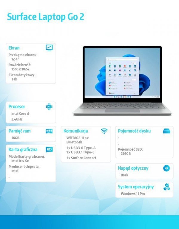 Microsoft Notebook Surface Laptop GO 2 Win11Pro i5-1135G7/16GB/256GB/INT/12.4&#039; Commercial Platinum KYM-00009
