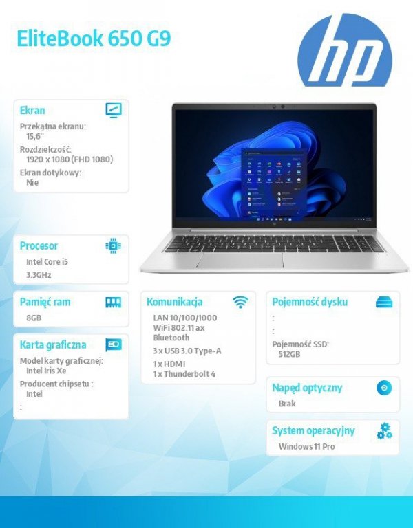 HP Inc. Notebook EliteBook 650 G9 i5-1235U 512GB/8GB/W11P/15,6 6A187EA