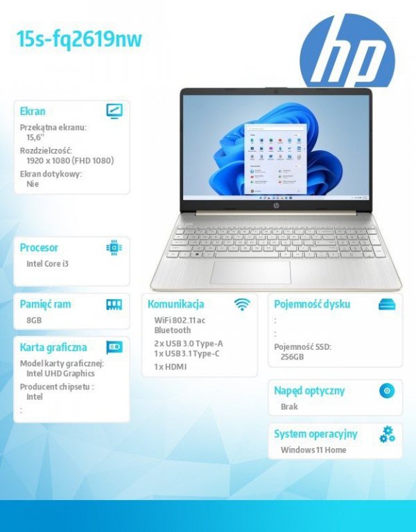 HP Inc. Notebook 15s-fq2619nw W11H/15.6 i3-1115G4/256GB/8GB 6Y7X5EA