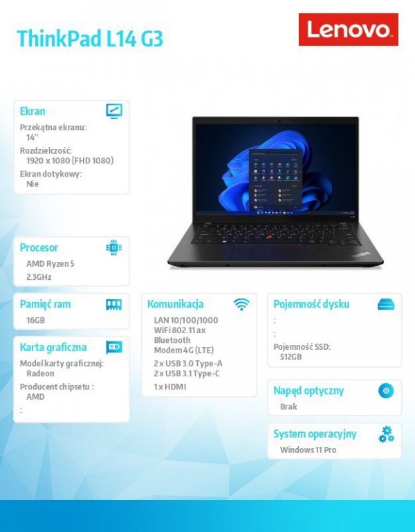 Lenovo Laptop ThinkPad L14 G3 AMD 21C5005DPB W11Pro 5675U/16GB/512GB/INT/LTE/14.0 FHD/1YR Premier Support + 3YRS OS