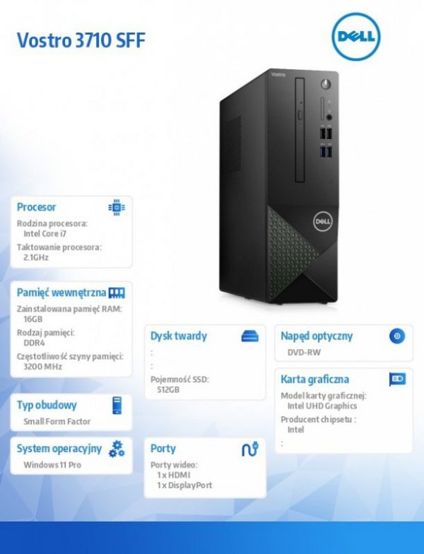 Dell Komputer Vostro 3710 SFF Win11Pro i7-12700/16GB/512GB SSD/Intel UHD 770/DVD RW/WLAN + BT/Kb/Mouse/3YPS