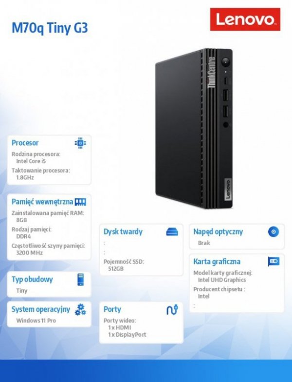 Lenovo Komputer M70q Tiny G3 11T3002WPB W11Pro i5-12400T/8GB/512GB/INT/3YRS OS