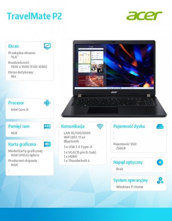 Acer Notebook TravelMate P215-53       WIN11H/i3-1115G4/8GB/256SSD/UMA/15.6