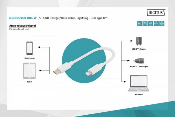 Digitus Kabel do transmisji danych/ładowania USB C/Lightning MFI 0,10m Biały