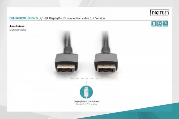 Digitus Kabel połączeniowy PREMIUM DisplayPort 8K60Hz UHD DP/DP M/M 3m Czarny
