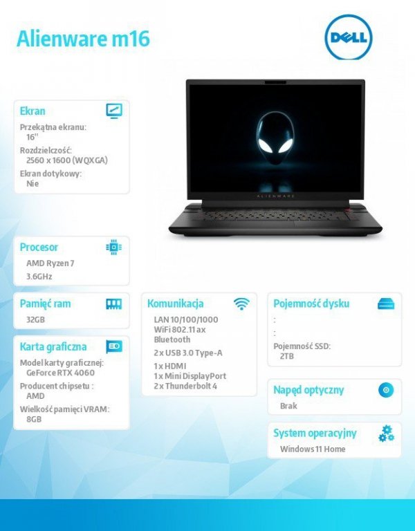 Dell Notebook Alienware m16 Win11Home Ryzen 7 7745HX/SSD 2TB/32GB/16.0 QHD+/RTX 4060/Kb_Backlit/2Y Premium Support