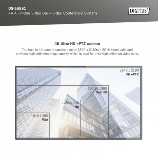 Digitus System wideokonferencji 4K ePTZ szeroki kąt 90° Sensor 3.0&#039;&#039; 8MP Hi-Fi, 2 mikrofony, pilot