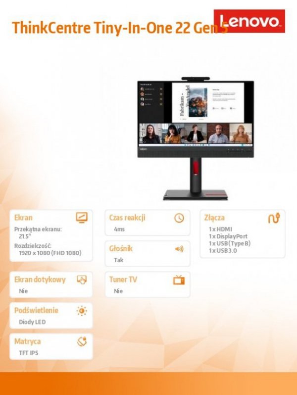 Lenovo Monitor 21.5 cala ThinkCentre Tiny-in-One 22Gen5 WLED 12N8GAT1EU