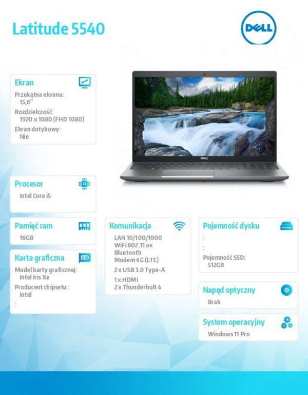 Dell Notebook Latitude 5540 Win11Pro i5-1345U/16GB/512GB SSD/15.6 FHD/Integrated/FgrPr & SmtCd/FHD/IR Cam/Mic/LTE 4G+BT/Backlit 