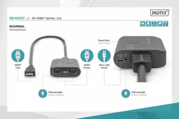 Digitus Kabel Rozdzielacz/Splitter HDMI 2.0 UHD 4K 60Hz Typ HDMI A/2xHDMI A M/Ż 0,5m Czarny