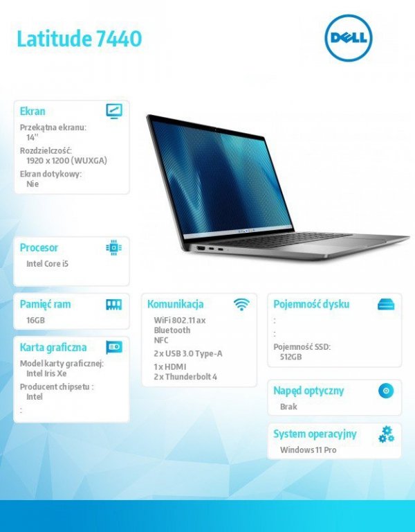 Dell Notebook Latitude 7440 Win11Pro i5-1335U/16GB/512GB SSD/14.0 FHD/+/Intel Iris Xe/FgrPr & SmtCd/FHD Cam/Mic/WLAN + BT/Backli