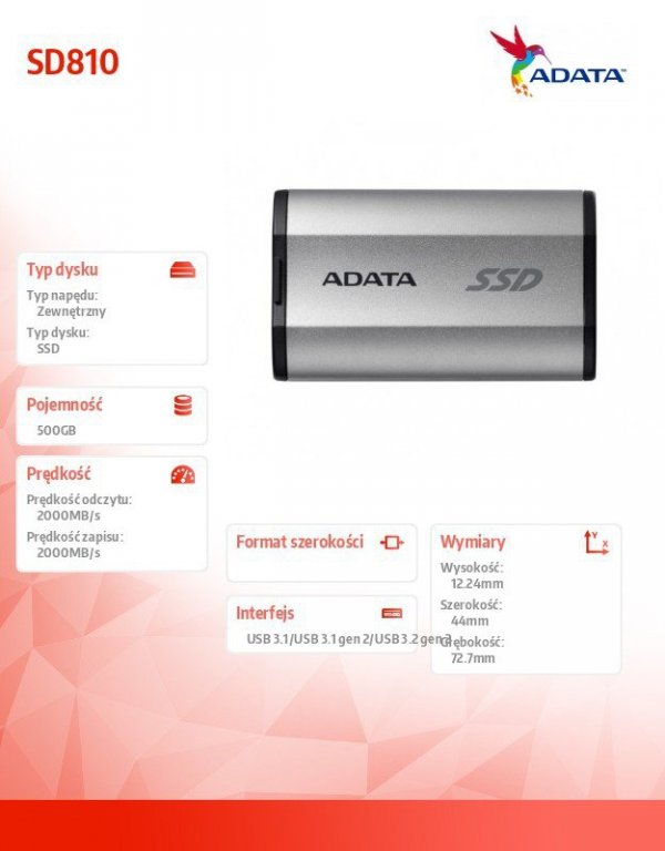 Adata Dysk SSD External SD810 500G USB3.2 20Gb/s srebrny