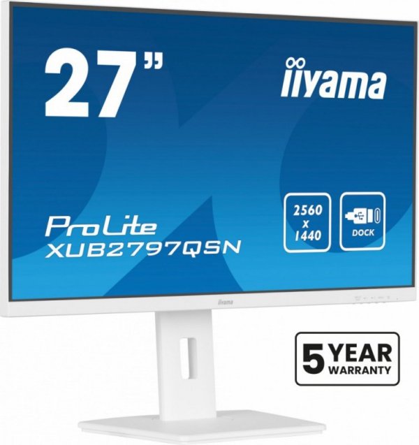 IIYAMA Monitor 27 cali XUB2797QSN-W2 IPS,QHD,USB-c Dock,HDMI,DP,PD-65W,2x2W, 4xUSB(3.2),300cd/m2,80M:1,sRGB:99%/5y/