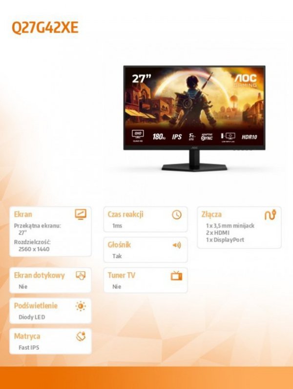 AOC Monitor Q27G42XE 27 cali Fast IPS 180Hz HDMIx2 DP