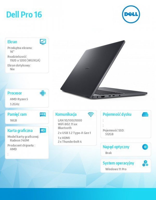 Dell Laptop Dell Pro 16 PC16255/AMD Ryzen 5 220/16GB/512GB SSD/16.0 FHD+/Radeon 740M/FgrPr/FHD/IR Cam/Mic/WLAN + BT/Backlit Kb/3
