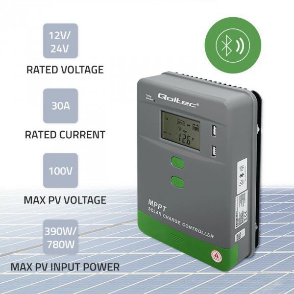 Qoltec Solarny regulator ładowania MPPT z czujnikiem temperatury 30A |  12V/24V | LCD | 2xUSB | Bluetooth | APP | GEL | LiFePO4