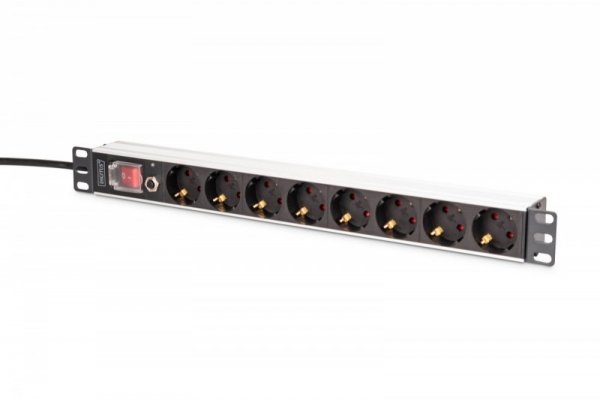 Digitus Listwa zasilająca PDU Rack 19" z zabezpieczeniem przeciążeniowym, 8 gniazd Schuko CEE 7/3 (45°), kabel 2m wtyk Unis