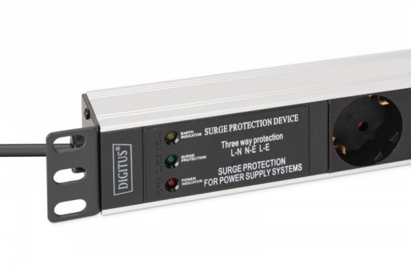 Digitus Listwa zasilająca PDU Rack 19" z zabezpieczeniem przeciwprzepięciowym + filtr EMI/RFI, 7 gniazd Schuko CEE 7/3, kab
