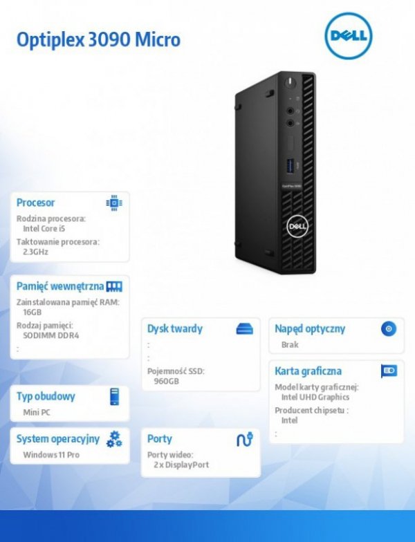 Dell Komputer poleasingowy Optiplex 3090 Micro Core i5-10500T (10-gen) 2,3 GHz/16 GB/960 SSD/Win 11 Pro