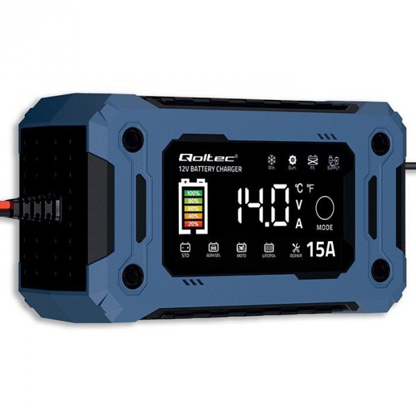 Qoltec Mikroprocesorowa ładowarka 12V 15A | Prostownik z funkcją naprawy i podtrzymania zasilania podczas wymiany akumulatora | 