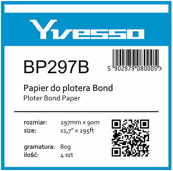 Papier w roli do plotera Yvesso Bond 297x90m 80g BP297B