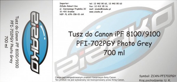 Tusz zamiennik Yvesso PFI-702PGY Photo Grey 700ml do Canon iPF8100 iPF9100 CF2222B001AA