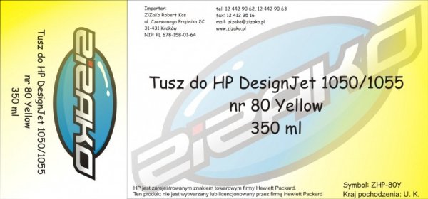 Tusz zamiennik Yvesso nr 80 do HP Designjet 1050/1055 (350 ml) Yellow C4848A