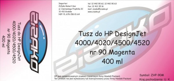 Tusz zamiennik Yvesso nr 90 do HP Designjet 4000/4020/4500/4520 (400 ml) Magenta C5063A