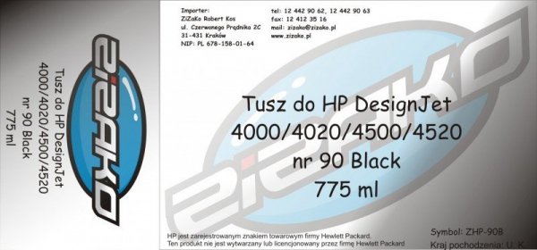 Tusz zamiennik Yvesso nr 90 do HP Designjet 4000/4020/4500/4520 (775 ml) Black C5059A