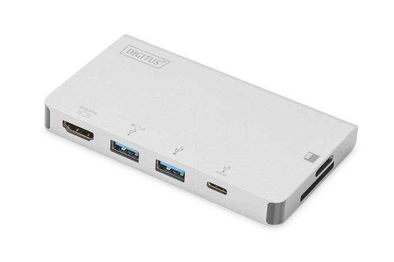 Digitus Stacja dokująca podróżna USB Typ C, 6 portów 4K, HDMI, VGA, USB3.0, RJ45, microSD, SD^MMC, Srebrna