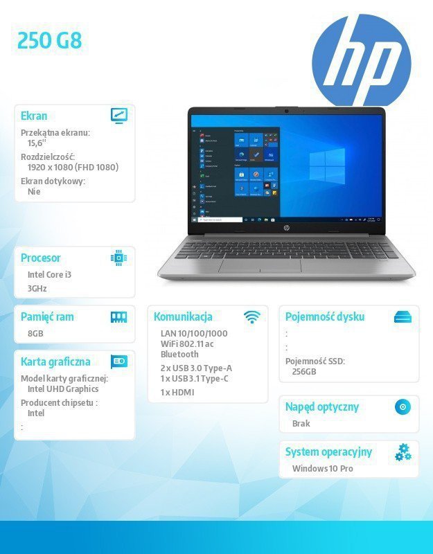 HP Inc. Notebook 250 G8 i3-1115G4 256^8G^W10P^15,6 3V5P5EA