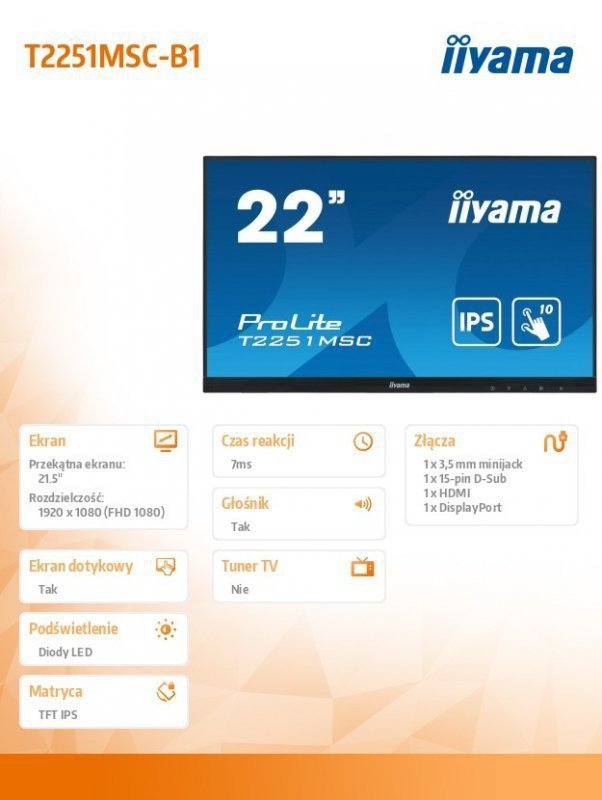 IIYAMA Monitor 22 cale T2251MSC-B1 10 PKT.,IPS,HDMI,DP