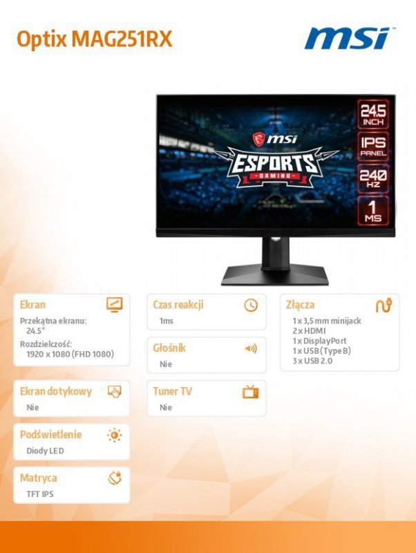 MSI Monitor 24.5 cali Optix MAG251RX FLAT^LED^FHD^NonTouch^czarny