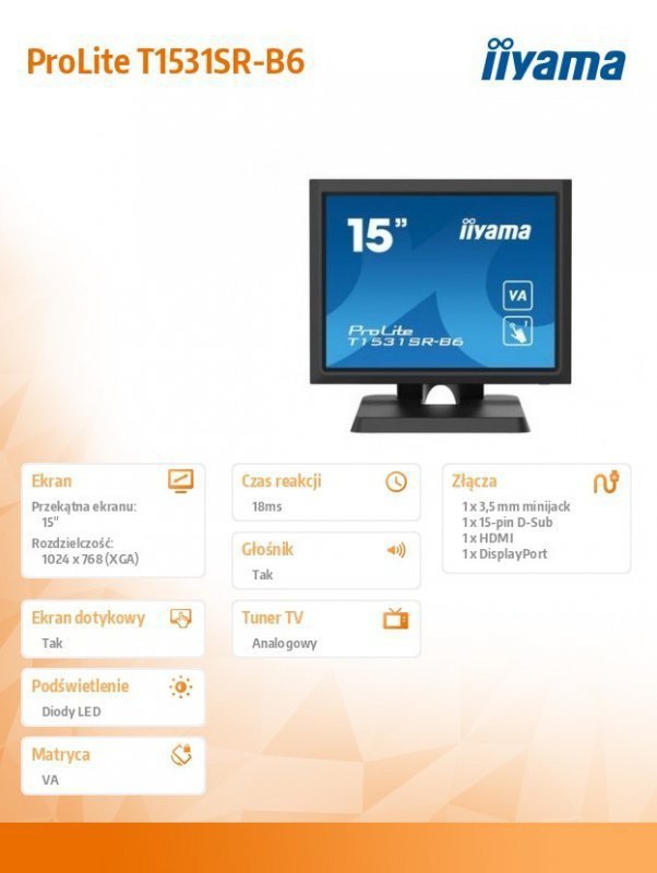 IIYAMA Monitor 15 cali T1531SR-B6 VA,RESISTIVE,HDMI,DP,VGA,IP54,2x1W
