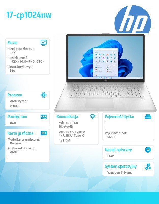 HP Inc. Notebook 17-cp1024nw W11H^17.3^R5-5625U^512GB^8GB 712Y9EA